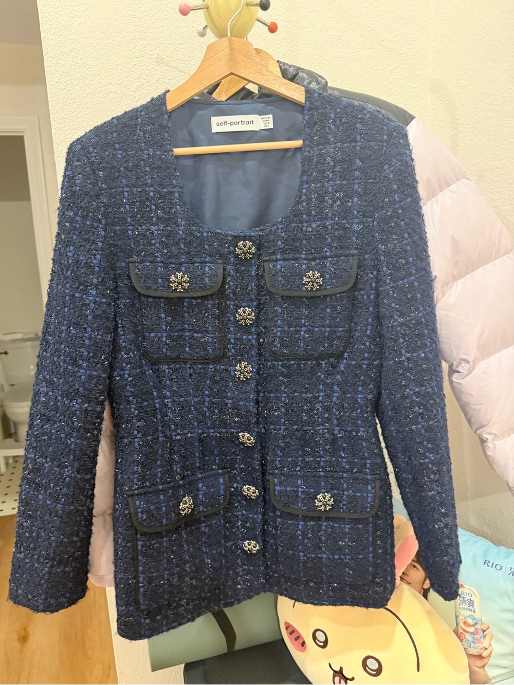 Self-Portrait Navy Tweed Floral-Button Jacket